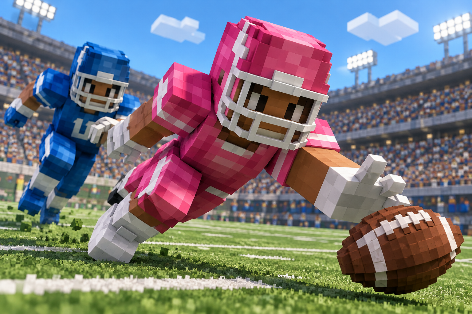 Pink player reaching toward a football during a control demonstration