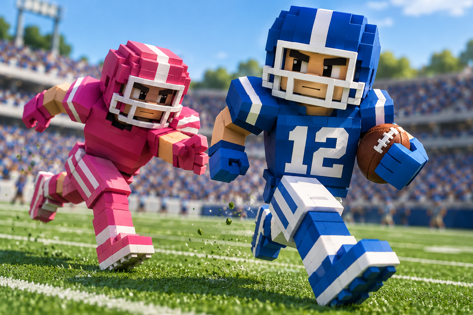 Blue ball carrier with a pink defender in pursuit